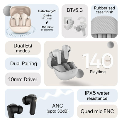 Noise Newly Launched Buds X2 in Ear Truly Wireless Earbuds with Massive 140H of Playtime, ANC (up to 32dB), Rubberised Finish, Dual Device Pairing, Dual EQ Modes, BT v5.3 (Ebony Black)