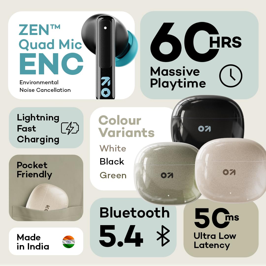 GOBOULT W60 True Wireless in Ear Earbuds 60H Playtime, ZEN Quad Mic ENC, 50ms Xtreme Low Latency, Made in India, Type-C Fast Charging, 13mm Driver, IPX5 Combat Gaming mode,TWS Ear Buds Wireless(White)