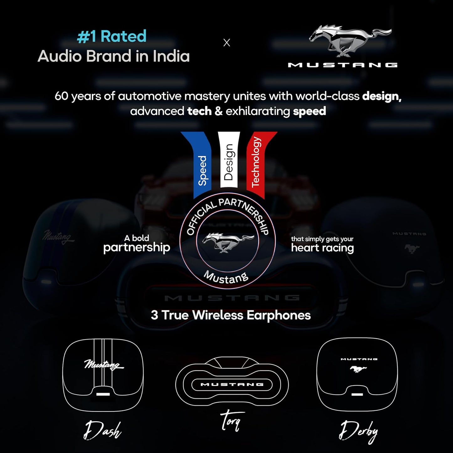 GOBOULT x Mustang Dash Truly Wireless in Ear Earbuds with 100H Playtime, App Support, Dual Device Pairing, 4 Clear Calling ENC Mics, 45ms Low Latency, Made in India, IPX5 Ear Buds TWS Bluetooth 5.4