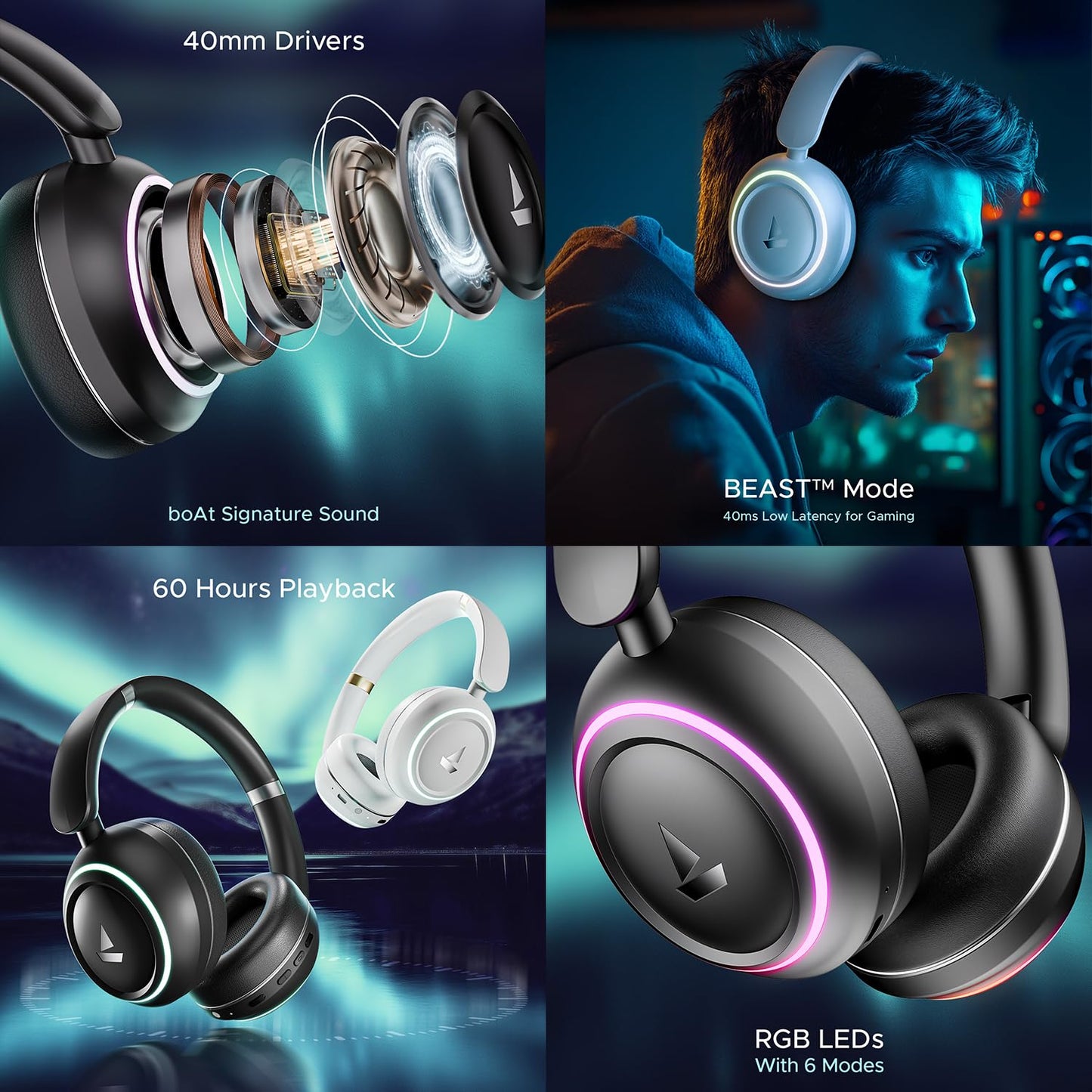 boAt Rockerz 480 W/RGB LEDs, 6 Light Modes, 40Mm Drivers, Beast Mode, 60Hrs Playback, Enx Tech, BT V5.3, Adaptive Fit & Easy Access Controls, Bluetooth Over Ear Headphones(Black Sabre)