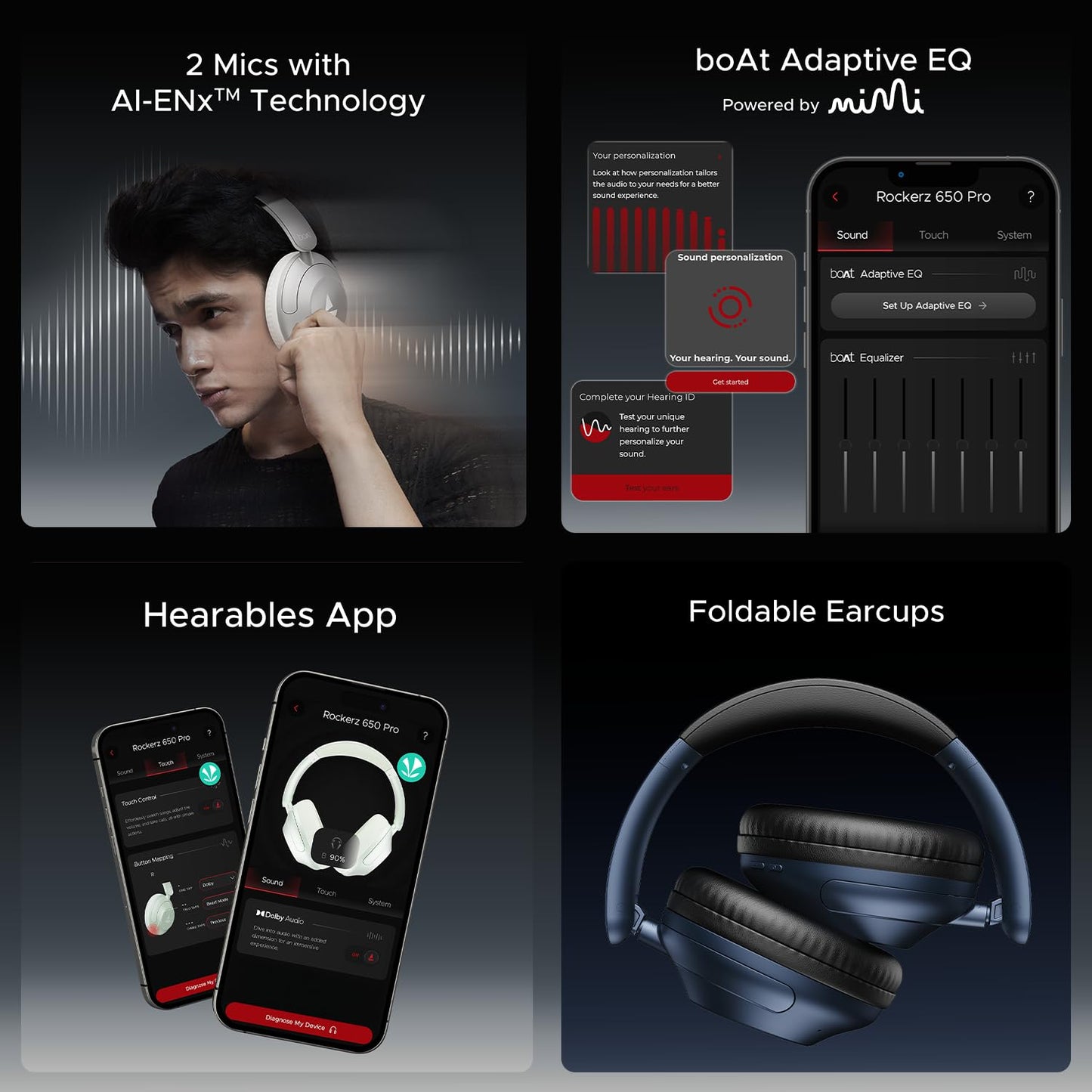 boAt New Launch Rockerz 650 Pro, Touch/Swipe Controls, Dolby Audio, 80Hrs Battery, 2Mics ENx, Fast Charge, App Support, Dual Pair, Bluetooth Over Ear Headphones with Mic (Iris Black)