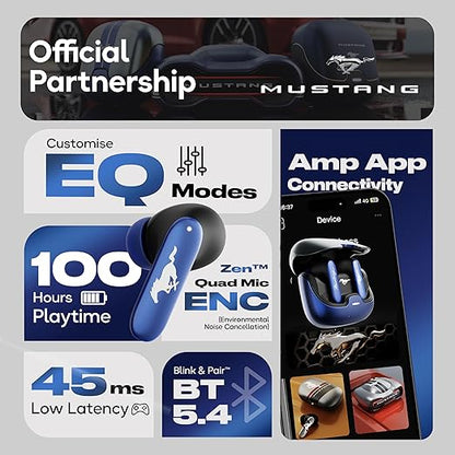 GOBOULT x Mustang Dash Truly Wireless in Ear Earbuds with 100H Playtime, App Support, Dual Device Pairing, 4 Clear Calling ENC Mics, 45ms Low Latency, Made in India, IPX5 Ear Buds TWS Bluetooth 5.4