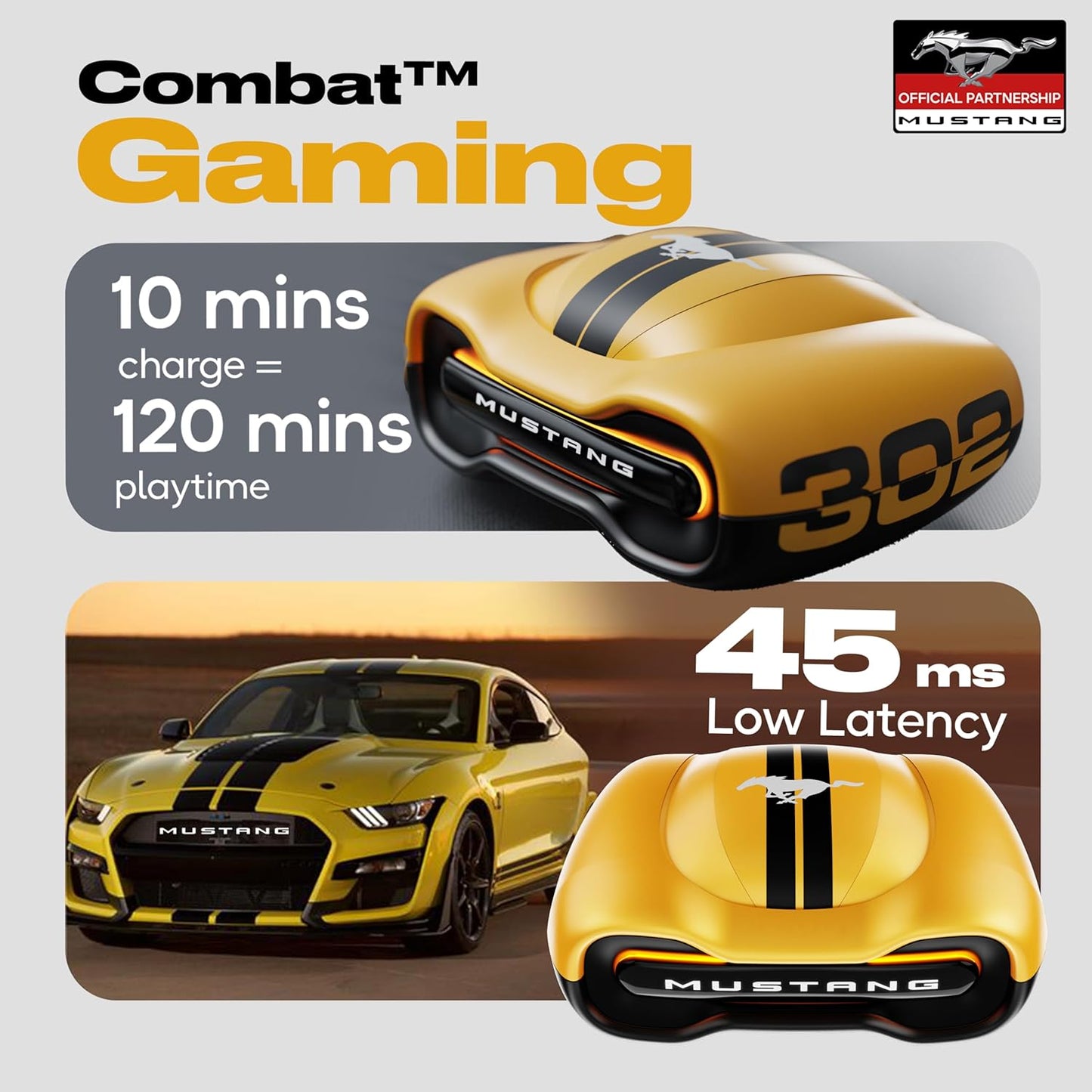 GOBOULT Mustang Torq Wireless in Ear Earbuds with 60H Playtime, App Support, Quad Mic ENC, 45ms Low Latency, 13mm Driver, Breathing LEDs,Touch Controls, Made in India, IPX5, Ear buds Wireless (Yellow)