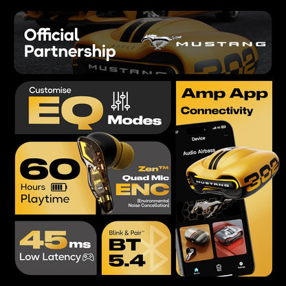 GOBOULT Mustang Torq Wireless in Ear Earbuds with 60H Playtime, App Support, Quad Mic ENC, 45ms Low Latency, 13mm Driver, Breathing LEDs,Touch Controls, Made in India, IPX5, Ear buds Wireless (Yellow)
