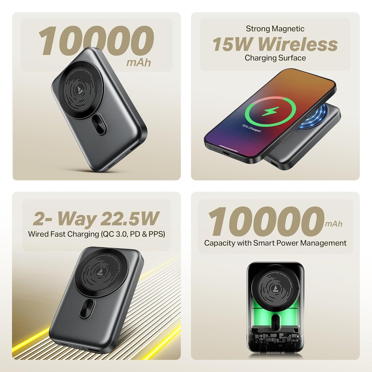 boAt New Launch EnergyShroom PB331 (Magsafe) 10000mAh Magnetic Wireless Powerbank, 15W Wireless & 22.5W Wired Charging for (iPhone 16,15,14,13 & 12, Android & Other Qi Enabled Devices) (Ash Grey)